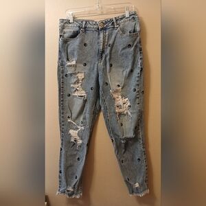 Tinseltown Blue Distressed Boyfriend Jeans with Polka Dots